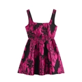 Sweet pink floral jacquard mini dress with square neck and A-line silhouette style - XS / Rose Red