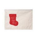 Linen Christmas placemat with red stocking embroidery and Ho Ho Ho text detail - Stocking Style / Off White