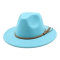Close-up of bright blue wool fedora hat with brown braided leather band and tassel detail - M (56-58cm) / Lake Blue