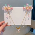 Pink floral hair clips with golden tassel forehead chain for girls Hanfu costumes - 445-6 Pink Flower Forehead Set