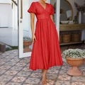 Women's red V-neck midi dress with short puff sleeves and a high waist split hem - S / Red