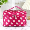 Pink vanity case with white polka dots featuring a top handle and double zipper closure - Rose Red White Polka Dot