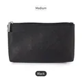 Portable black PU leather cosmetic bag with cross-grain texture and silver zipper - M Black