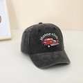 Close-up of black washed denim kids baseball cap with red car and Motor Club embroidery - Black