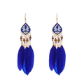 Bohemian style royal blue feather earrings with golden chain tassel and floral charm - KC Gold/Ink Blue Long Feather (3250)