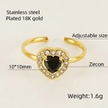 Adjustable 18K gold-plated stainless steel ring with black heart zircon and white stones - Black (Black Rhinestones)