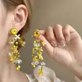 Detail of floral tassel earrings with yellow dried flowers and delicate beaded strands - Yellow Flower Yellow Beaded Tassel (17# Silver Earring Post - Yellow)