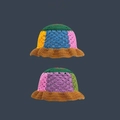 Detailed knit texture of a colorful handmade crochet bucket hat with floral patterns - M (56-58cm) / Patchwork Khaki Edge