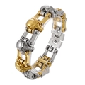 Bracciale a catena da bici in acciaio inossidabile bicolore oro e argento con teschi - Acciaio Inossidabile 316L Bicolore Oro Argento (KB84651-BD)