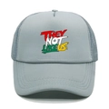 Detail of grey-blue trucker hat with breathable mesh and THEY NOT LIKE US graffiti print - M (56-58cm) / Light Gray