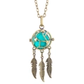 Collier aromathérapie attrape-rêves bronze avec perle turquoise et charms plumes - Attrape-rêves Bronze Balle Verte (09)