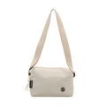 Chic beige canvas crossbody bag with adjustable wide strap and vintage metal logo - White