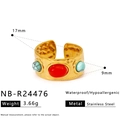 18K gold plated vintage stainless steel ring with red oval stone and turquoise accents - Red Turquoise Three Stone Hammered Style (NB-R24476)
