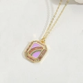Golden necklace featuring a rectangular rainbow crystal and purple enamel pendant - Rectangle Rainbow (Purple)