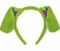 Detailed close-up of bright green and purple plush dalmatian dog ears headband for costumes - Green Dog Headband