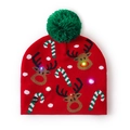 LED Christmas beanie with green pompom and reindeer pattern in red knit style - Red-Reindeer Candy Cane
