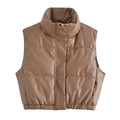 Détail du gilet matelassé en similicuir marron avec col montant et fermeture éclair - XS / Brun Foncé