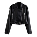 Women's black faux leather biker jacket with asymmetric zip and waist belt detail - XS / Black