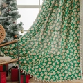Dark green Christmas curtain with gingerbread man print and white pom-pom fringe - 150*160 / Green Gingerbread Man Rod Pocket