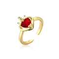Detail of adjustable gold ring with crown motif and heart-shaped red zircon stone - Adjustable Open / Red (11696)