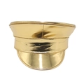Front view of a shiny gold military captain hat with structured flat top for parties - One Size / Gold