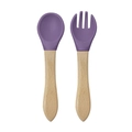 Purple silicone baby spoon and fork set with ergonomic natural wood handles - Wooden Handle Spoon and Fork Set / Deep purple
