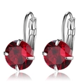 Detailed view of silver hoop earrings with round-cut red ruby-colored crystals in four-prong setting - Red (Round)