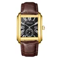 Square gold quartz watch with black roman dial and brown crocodile leather strap - Gold Case Black Dial Brown Strap