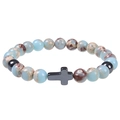 Blue Imperial Jasper beaded bracelet with hematite cross charm on white background - Natural Stone / Bless