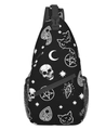 Gothic Katzen-Umhängetasche mit Totenkopf- und Pentagramm-Mustern auf schwarzem Nylon - Skelett Katze