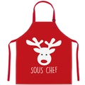 Red Christmas polyester apron featuring a white reindeer and SOUS CHEF text - Christmas D / Reindeer Sous Chef