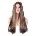 Long straight ombre brown wig with blonde highlights for women on a white background - Dark Brown with Blonde Highlights (C841-3)