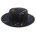 Detailed top view of black flat top straw hat featuring creative colorful paint splatters - One Size [Boater Straw Hat] / Graffiti (Black)