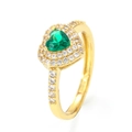 Elegant gold ring featuring a heart-shaped green gemstone with shimmering micro-paved crystals - Gold Plated - Green Zirconia
