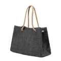 Black denim tote bag with beige rope handles and metal ring attachments - Dark Gray