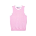 Pink knit tank top with white contrast trim and crew neck in a minimalist flat lay - S / Pink