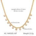 Detail of gold tassel necklace featuring ten bezel-set round zircon pendants with flat-lay view - Gold White Round Gemstone Necklace (HC-N40505-WT)