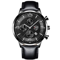 Men's quartz watch with black leather strap and black dial featuring calendar window - Black Strap Silver Case [Leather Band + Calendar/Luminous] / Single Watch