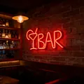 Red LED neon BAR sign with cocktail icon, 57x26cm, on vintage brick wall backdrop - Battery and USB Powered / Red