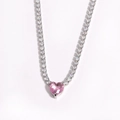 Silver tennis chain necklace featuring a pink heart-shaped zircon gemstone pendant - Silver Pink Zirconia Heart