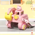 Pink excavator-shaped children straw water bottle with cartoon rabbit in peach pink color - PC Material / Pink Excavator (Including Stickers/Cleaning Set)