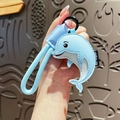 Cute light blue leather dolphin keychain with braided strap and metal spring ring - Dolphin