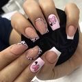 Pink and white french press-on nails with glitter hearts and black polka dots - Pink and White Contrast French Heart Style (JP2570)