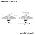 Silver color bee stud earrings with sparkling cubic zirconia and black drip oil detail - Silver Bee Earrings (TXF147)