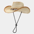 Chapeau de soleil en paille style western avec bande léopard et bords brûlés pour la plage - Taille unique / Beige