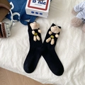 Cute black mid-calf socks with 3D plush teddy bear and smiley face decoration - One Size / Black