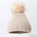 Winter knitted beanie with colorful rhinestones and a fluffy faux fur pompom in cream - Off White