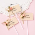 Three elegant beige Happy Birthday cake toppers with pink and yellow rose knots - Bowknot Cake Topper 3Pcs