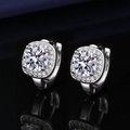Silver halo leverback earrings featuring a round cut gemstone with sparkling border - Princess Square Halo Studs (ED136)
