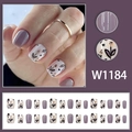 Short ballet press-on nails featuring dark purple matte finish and floral pattern art - Purple Floral Style (W1184 Glue Type)